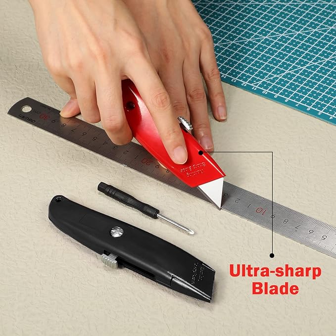 Reginary 30 Pcs Box Cutter Bulk Retractable Blade Utility Knife Heavy Duty Aluminum Alloy Razor Shell Knife for Cartons, Cardboard and Boxes, DIY, Factory, Home(Black, Yellow, Red)