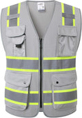 JKSafety 9 Pockets Hi-Vis Fluorescent Color Zipper Front Safety Vest with Neon Color Extended Yellow Trims for Men and Women Work Safety Utility (901-Grey 5XL)