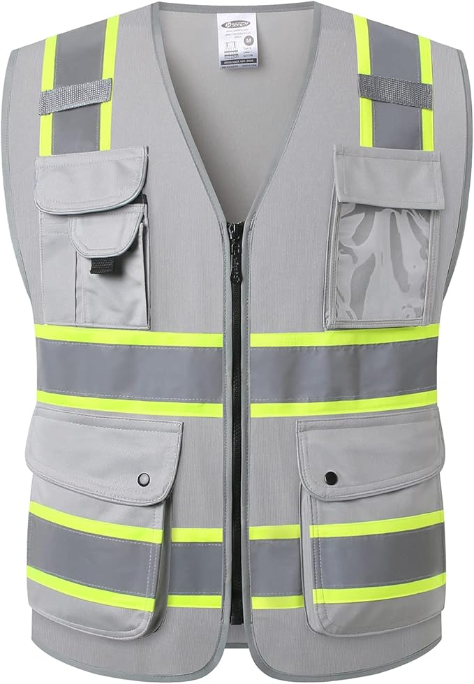 JKSafety 9 Pockets Hi-Vis Fluorescent Color Zipper Front Safety Vest with Neon Color Extended Yellow Trims for Men and Women Work Safety Utility (901-Grey M)