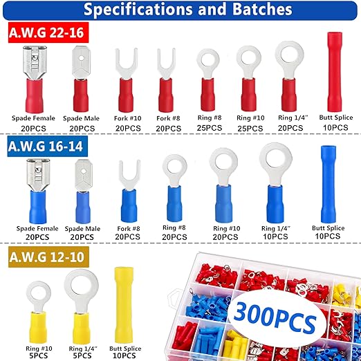 Tnisesm 301Pcs Insulated Wire Electrical Connectors Assortment Kit with Ring, Spade, Butt, Quick Disconnect, Crimp Automotive Cable Terminals