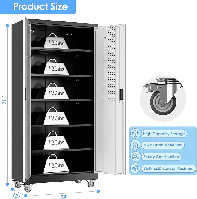 Aobabo Upgrade 71H''*34''W*18''D Metal Garage Storage Cabinet with Wheels and Pegboards, 5 Adjustable Shelves Steel Storage Cabinets for Home,Warehouse,Garage,Assembly Required,Black and Sliver