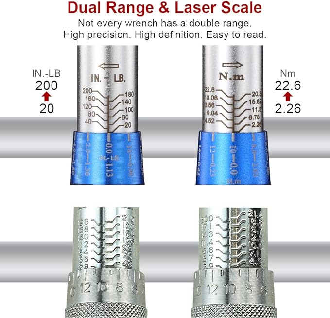 1/4-inch Drive Click Torque Wrench Set Dual-Direction Adjustable 90-tooth Torque Wrench with Buckle (20-200in.lb / 2.26-22.6Nm)