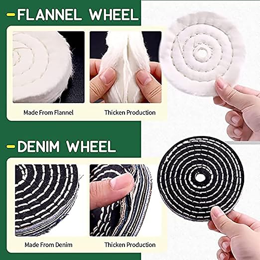 4'' Buffing Polishing Wheels with 3 Pcs Polishing Compounds/White Cotton (50-ply) /Yellow Cotton (36-ply)/Flannel (30-ply)/Denim and 1/4" Shank for Bench Grinders/Bench Buffer Rotary Tools