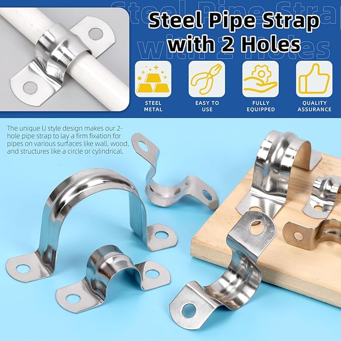 Glarks 50Pcs M8 Pipe Strap Clamp, 304 Stainless Steel 2 Hole Strap Heavy Duty Rigid Pipe Strap U Bracket Tube Strap Cable Clamp Hanger Tension Tube Clip for Pipe Tube Cable Fixing (45mm (1-3/4"))