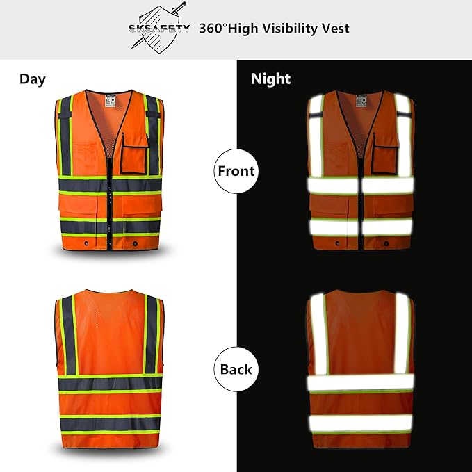 SKSAFETY 10 Pockets Safety Vest, Class 2 High Visibility Security with Zipper Back Mesh, Hi Vis Vest with Reflective Strips, ANSI/ISEA Standard, Construction Work Vest for Men ＆ Women （Orange, 5XL）