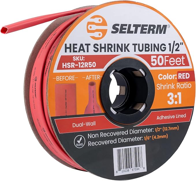SELTERM 1/2" Red [50 Feet] Marine Grade Heat Shrink Tubing Roll, 3:1 Ratio Dual Wall Adhesive Lined Waterproof Heat Shrink Wrap Tube, for Battery Cable Lugs Wire Terminals Connectors