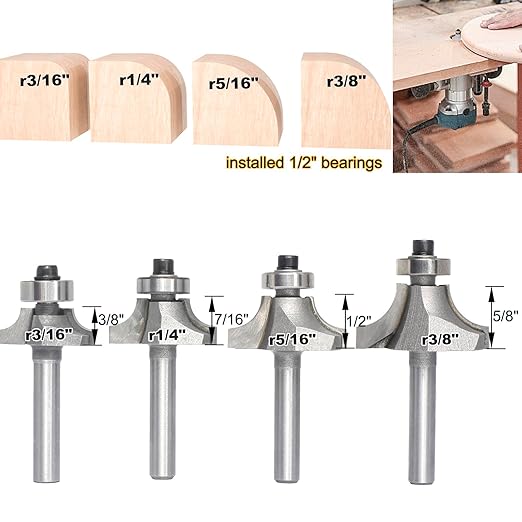 4Pcs Roundover Router Bits,Radius -3/16",1/4",5/16",3/8" Edge Forming Router Bit Set,1/4 Inch Shank,Corner Rounding Router Bits,for Round Trimming,with Ball Bearing Guide