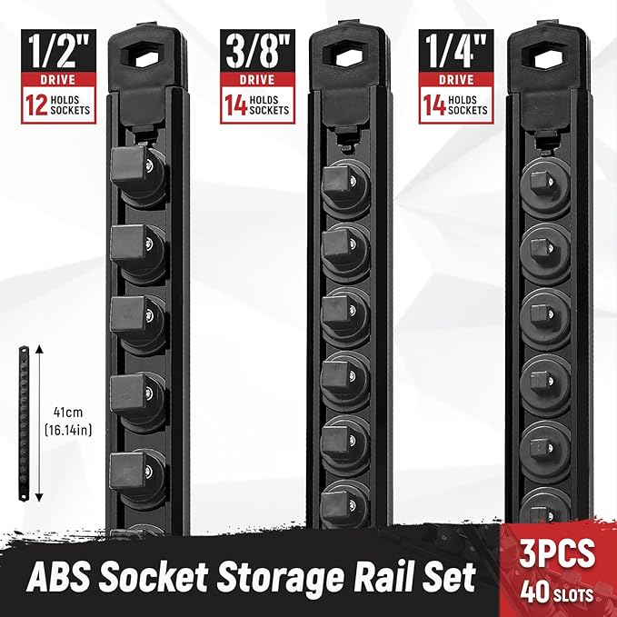 Magnetic Socket Organizer, 3-Piece Heavty Duty ABS Socket Holder, Socket Rail for Tool Box, Premium Quality 360° Swivel Socket Rack with 40 Clips for 1/2, 3/8, 1/4-Inch(Black)