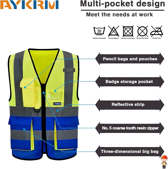 XSMALL High Visibility REFLECTIVE WORK Yellow Blue Safety Vest with zipper Reflective Strips 7 Pockets
