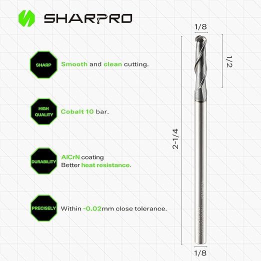 Carbide Ball Nose End Mills 2 Flute 1/8 Inch SHK. and Cutting Dia. 3D Carving, High-Speed and Deep Cutting, AlCrN Coated, Apply for Alloy Steel, Stainless Steel and Various Cast Iron. (3PCS)