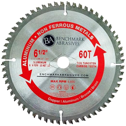 Benchmark Abrasives TCT 6 1/2 Inch Circular Saw Blade, Tungsten Carbide Tipped Non Ferrous Metal Cutting Saw Blade for Plastic, Fiberglass, Aluminum - 60 Teeth