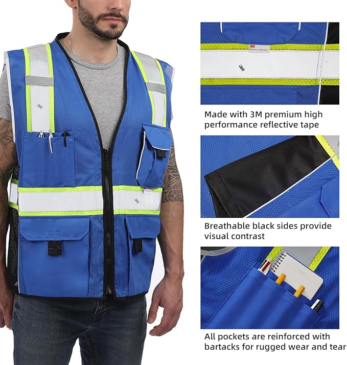 Dib Safety Vest Reflective Blue Mesh, High Visibility Vest with Pockets and Zipper, Heavy Duty Vest Made with 3M Reflective Tape XL