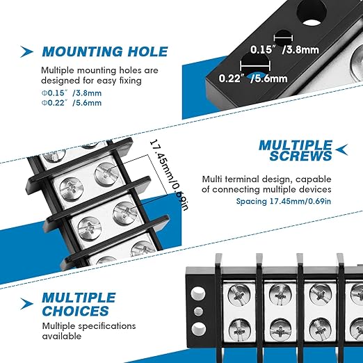 GLOSO TBE Double Row Stainless Terminal Blocks, Marine Grade, 4-14 AWG Cu, 75A/600V - 1 Pack, 6 Poles
