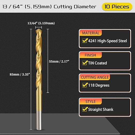 Drill Bit, 13/64" Cutting Diameter (5.159mm), 4241 HSS TiN Coated 118° Cutting Angle Versatile Jobber Bits - (Applications: for Drilling Plastic Wood Soft Thin Metal), 10-Pieces