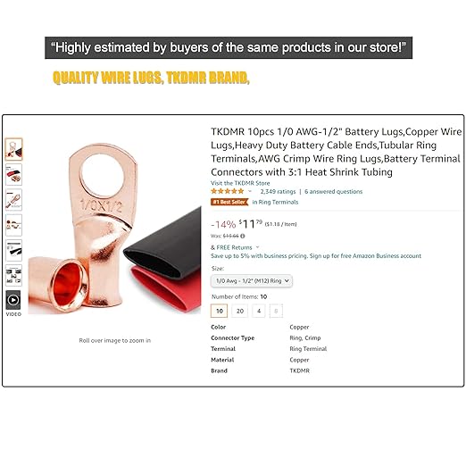 TKDMR 10pcs 6 Awg-1/2 Ring Marine Grade Copper Wire Lugs,with 3:1 Heat Shrink Tubing,UL Battery Cable Ends,Heavy Duty Cable Lugs,Tinned Copper Eyelets,Tubular Ring Terminals