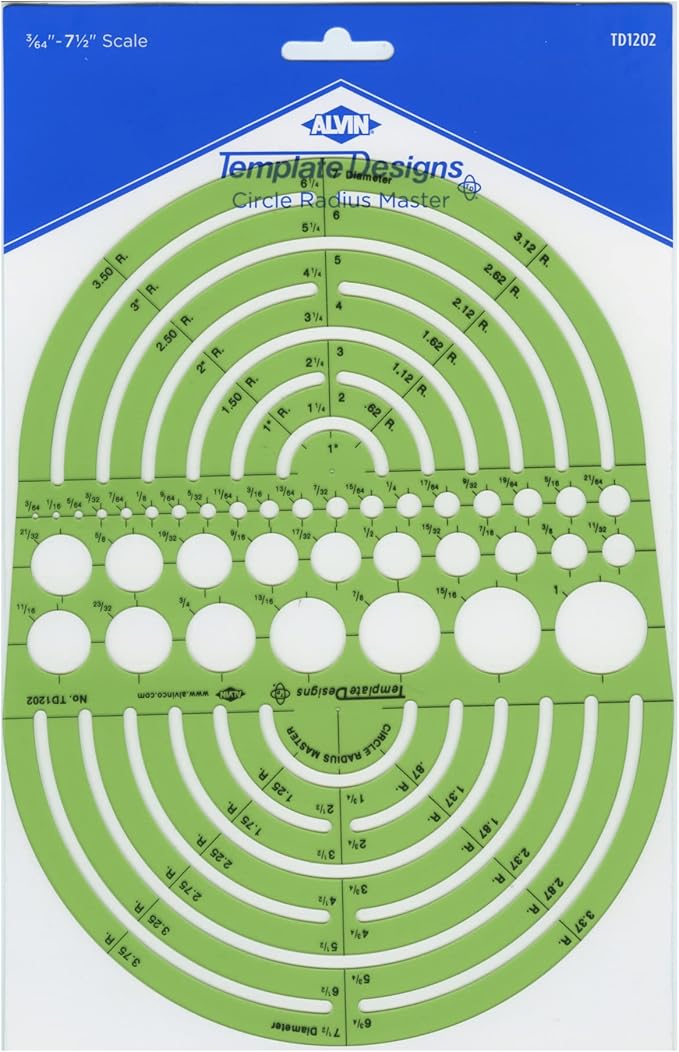 ALVIN Circle Radius Master Template TD1202, Template for Artists, Architects, Design and Drafting, 3/64th" to 7.5" scale