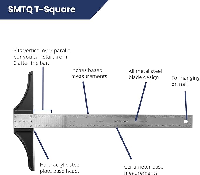 Pacific Arc 48 Inch T Square, Traditional Stainless Steel, Graduated Inch and Metric