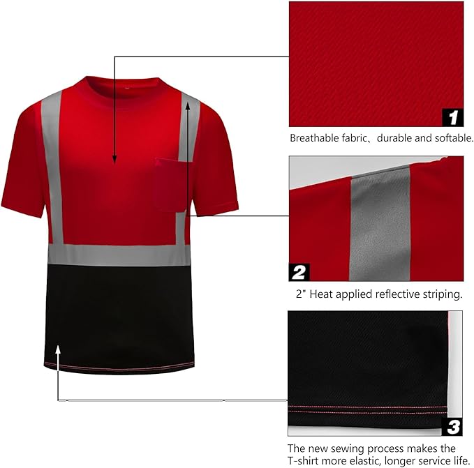 High Visibility Shirts Quick Dry Safety T Shirts with Reflective Strips and Pocket Short Sleeve Mesh Hi Vis Construction Work Class 2 Shirt for Men/Women Black Bottom Red,Small