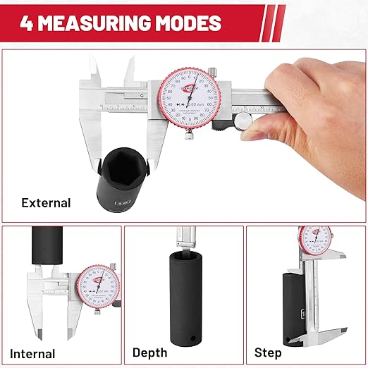 Metric Dial Caliper Measuring Tool 0-150mm Range, Analog Precision Caliper ±0.02mm Accuracy, Manual Mechanical Metal Stainless Steel Measuring Dial with 4-Way Measurements
