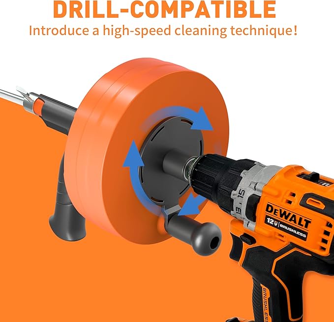 BACOENG 33Ft Drain Auger, Heavy Duty Plumbing Snake with Drill Adapter, Use Manually or Powered for Drain Clog, Shower Sink, Comes with Gloves and Bag (Orange)