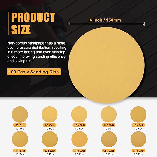 100 Pcs 6 Inch Sanding Disc 60/80/100/120/150/220/320/400/600/800 Grit Round Hook and Loop Sandpaper for Random Orbital Sander Automotive Car