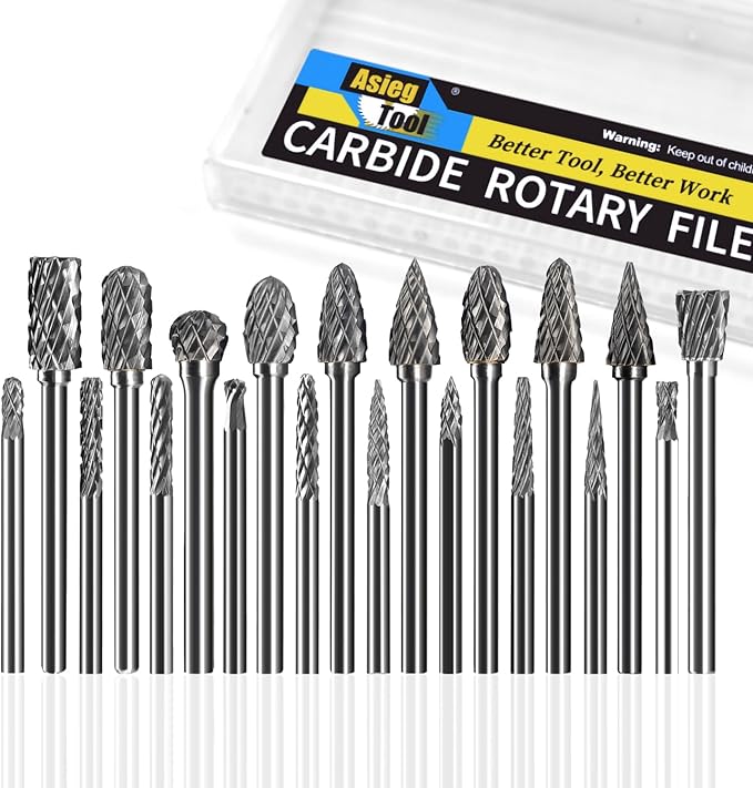 Asieg Tool 20 Pcs Carbide Die Grinder Burrs Bits 1/8" Shank for Dremel Milwaukee Metal Grinding Wood Stone Steel Carving Cutting Engraving Grinder Kit Attachment Rotary Tool Accessories Sets