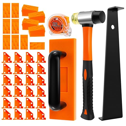 Laminate Wood Flooring Installation Kit, 6 in 1 Vinyl Flooring Tools with Double-Faced Mallet, Tapping Block with Handle, 2 in 1 Flooring Spacers, Heavy Duty Pull Bar, 40 Spacers, Tape Measure