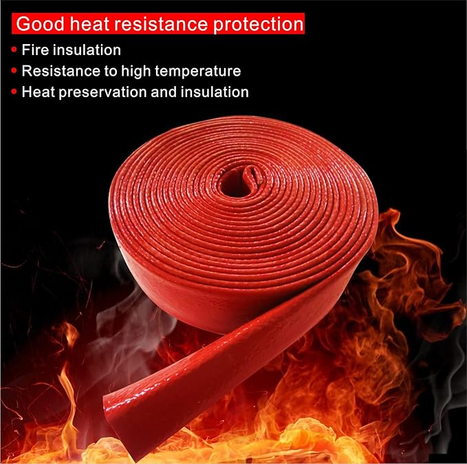 Insulation Heat Shielded Fire Thermo Armor Fire Sleeve Silicone Coated Fiberglass Heat Protection for Automotive Hose Lines & Electrical Wiring-（Red 1/2" ID x5FT）