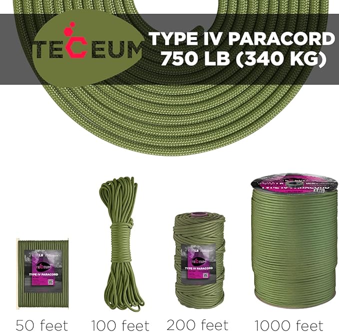 TECEUM 5/32" Paracord Rope 1000 – 1000ft / 200ft / 100ft / 50ft – Tactical Parachute Cord 4mm – 45+ Colors – Nylon String for Survival & Camping Gear – Stripe Cord for Survival – Utility Rope