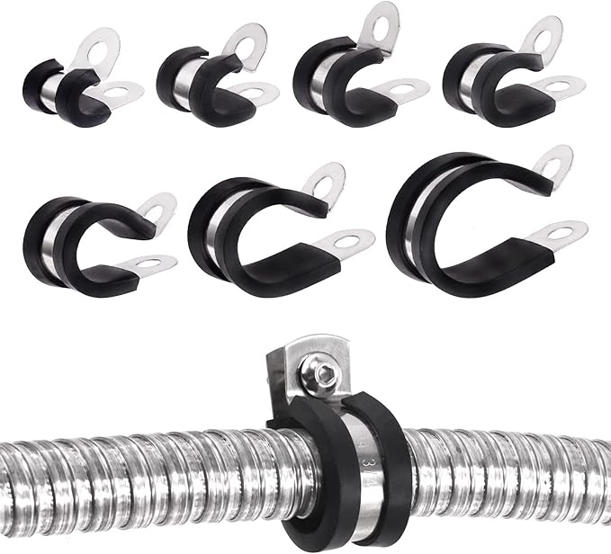 Glarks 26Pcs 1/4'' 304 Stainless Steel Cable Clamps, Rubber Cushioned Insulated Clamps Hose Clamps Loop Clamps Pipe Clamps Metal Clamps Set for Tube, Pipe or Wire Cord Installation