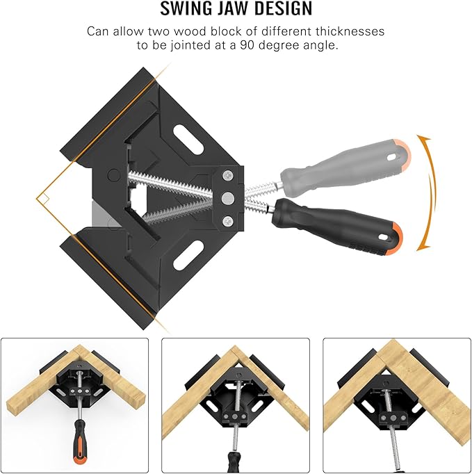 Right Angle Clamp, Housolution [4 PACK] Single Handle 90° Aluminum Alloy Corner Clamp, Right Angle Clip Clamp Tool Woodworking Photo Frame Vise Holder with Adjustable Swing Jaw - Black