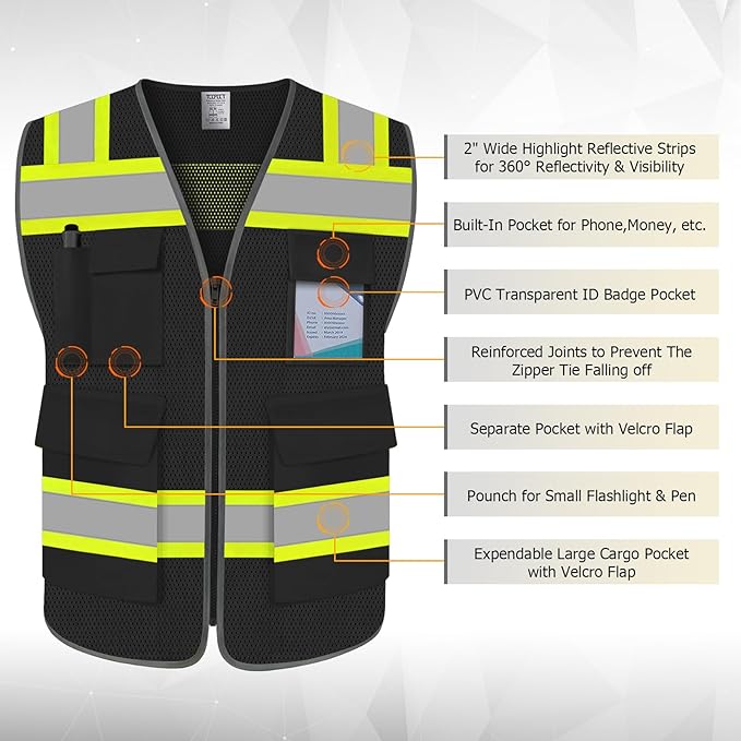TCCFCCT High Visibility Vest 5 Pockets Mesh Reflective Safety Vest for Men Women, Hi Vis Work Vest with Reinforced Zipper and Fluorescent Orange Edge, Durable to Use, Meets ANSI/ISEA, DW-Black, 2XL