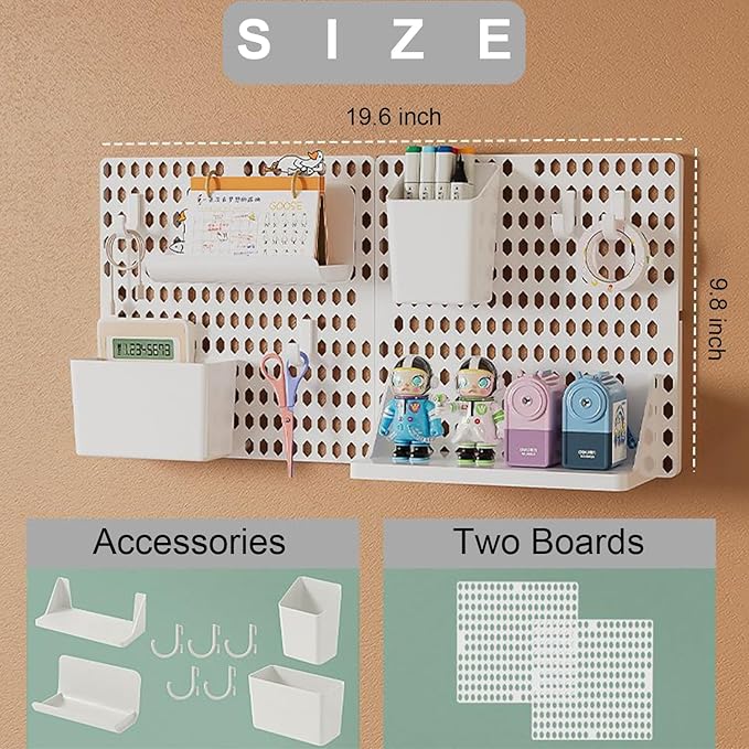 PegBoard Wall Organizer, Plastic Wall Pegboard Kit, 2 White Pegboard and 10 Pegboard Accessories, Wall Mount Pegboard with Hooks, Wall Display Peg board for Home and Office, 19.5” x 9.5”