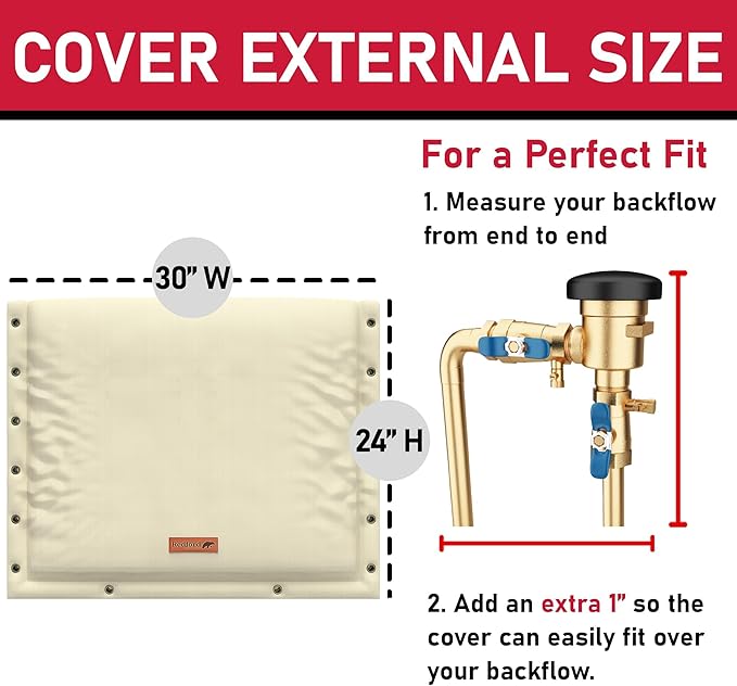 Redford Supply Co. Cold Snap (5°F) Backflow Preventer Insulation Cover, 3-Way Custom, 30"W x 24"H, Pipe Insulation, Water Sprinkler Covers for Outside, Sprinkler Backflow Cover for Winter (Beige)