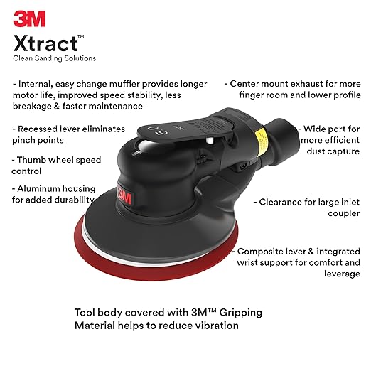 3M Random Orbital Sander, Xtract Pneumatic 88948, 5 in, Self-Generated Vacuum, 3/8 in Orbit, Ergonomic and Lightweight ROS, 209W Motor, Dust Extraction