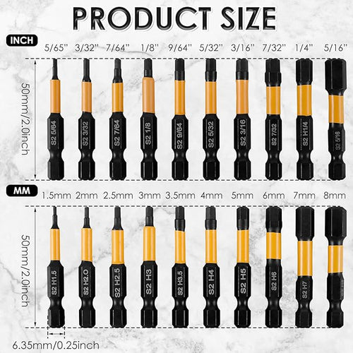 20Pcs Impact Hex Head Allen Wrench Drill Bit Set S2 Alloy Magnetic 1/4inch Quick Release Shank Screw Driver Drill Bit for Home Repair