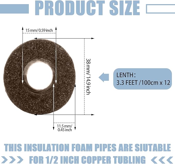 Amylove 12 Pcs 3.3 Feet Foam Pipe Insulation Foam Tube Insulating Water Pipe Pool Swim Noodles Heat Preservation Pipe Covers for Tubing Outdoor Freeze Protection (Brown,1/2 Inch)