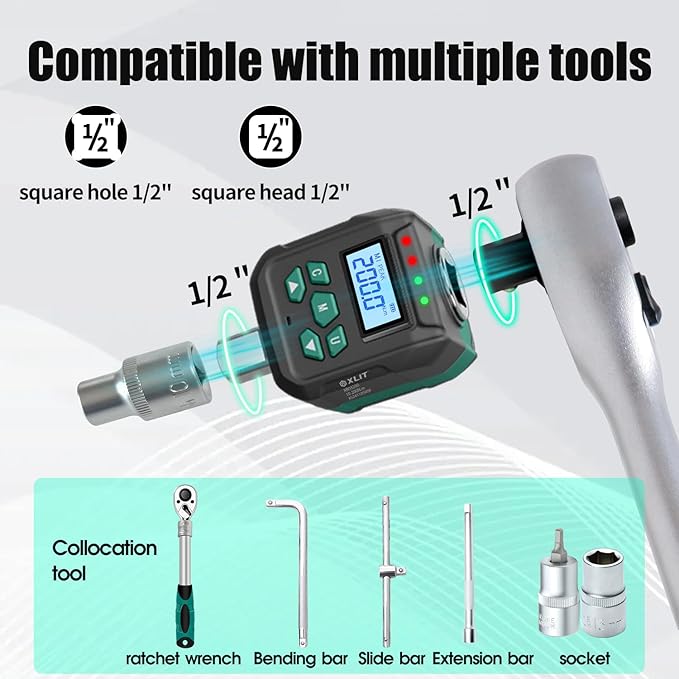 1/2" Drive Digital Torque Adapter with ±2% Accuracy for Car and Truck Lug Nuts (10-200 Nm / 7.4-147.5 ft-lb) - Smart Alert with Buzzer & LED for Ratchet Wrench Upgrade