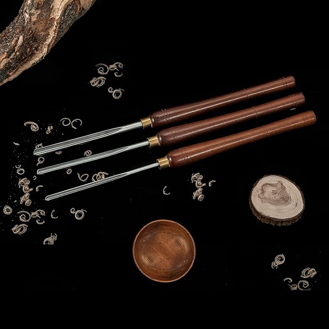 Woodturning Bowl Gouge Set, 3 Pieces 22.5” Wood Lathe Bowl Turning Tools, 1/4 Flute, 3/8 Flute, and 1/2 Flute, with High Speed Steel Blades, Beech Handles and Brass Ferrules, in Wooden Storage Case