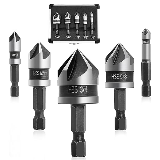 5 Pcs Countersink Drill Bit Set, 82 Degree 5 Flute High-Speed Steel Countersink Drill Bit with 1/4” Hex Shank, 1/4" to 3/4" Size for Machinable Metals, Wood, Carbon Steel, in Aluminum Case