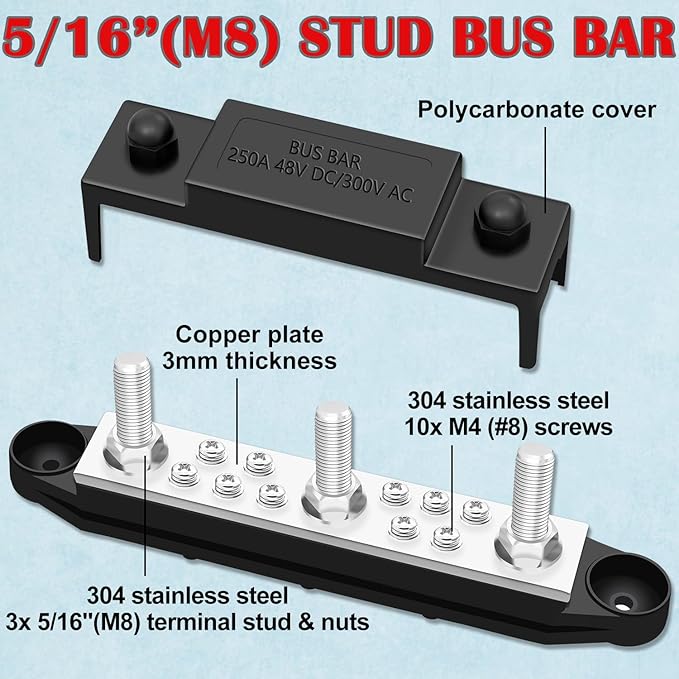 250A Power Distribution Block, 12V Bus Bar Marine 5/16" Stud, Busbars 12 Volt DC Battery Buss Bar, Automotive Busbar Terminal Block with Cover for Car and Boat (Black+Red)