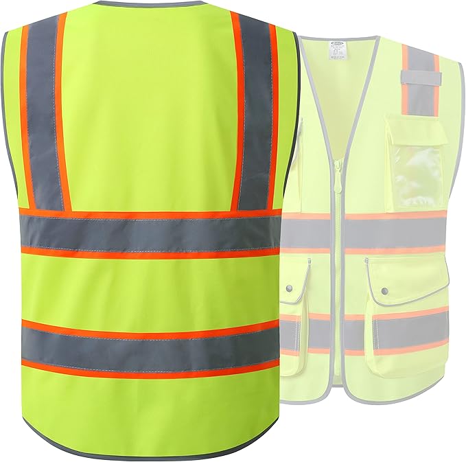 JKSafety 9 Pockets Hi-Vis Neon Yellow Color Zipper Front Safety Vest with Fluorescent Orange Extend Edge outlining the Reflective Tapes Meet ANSI/ISEA Class 2 Standard (901-Yellow, Medium)