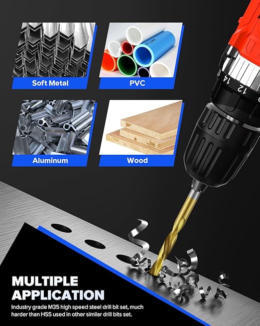 99pcs Titanium Coated Drill Bit Set - 135° Tip HSS Bits Kit with Storage Case, 1/16" to 3/8", for Aluminum, Copper, Soft Alloy Steel, Wood, Plastic