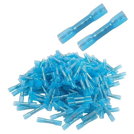 Heat Shrink Butt Connectors,200Pcs 16-14 AWG Blue Waterproof Electrical Wire Connectors Automotive Marine Grade Wire Crimp Terminals Butt Splices for Cable,Boat,Home Electrical etc.