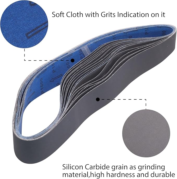 2 x 42 Silicon Carbide Sanding Belts, 15 Pack 2 x 42 Knife Sharpening Sanding Belt, 5 Pcs Each of 600, 800, 1000 Grits Sander Belt for Metal Wood(15 Pack）