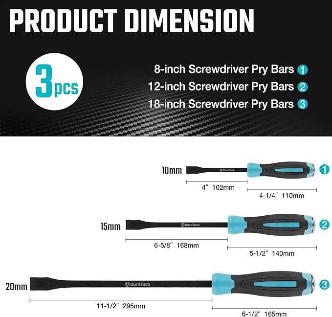 DURATECH 3-Piece Pry Bar Set, Including 8", 12" and 18", Hammer Strike Cap, Angled Tip for Prying and Moving Objects