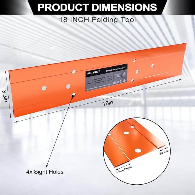 Sheet Metal Bender Folding Tool, 18 Inch Hand Seamer for HVAC Ductwork, Roofing & Metal Panels, 3/8" & 1" Fold Depth, Heavy Duty Steel Brake with High-Visibility Orange Finish