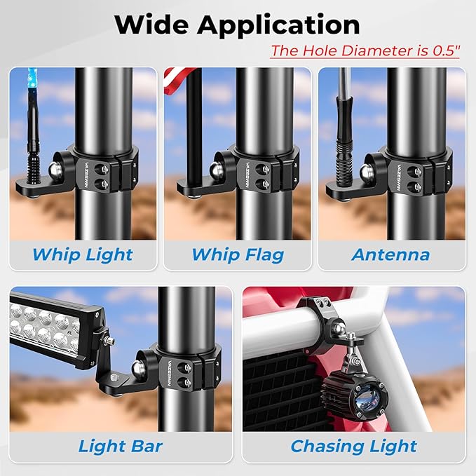 2PCS Solid UTV Whip Light Mount, Aluminium Alloy Thickened UTV Flag Mount, Heavy Duty Light Bar Mounting Bracket 360° Rotation Adjustable Roll Bar Clamp for 1.5"/1.75"/1.85"/2"/2.1" Roll Cage