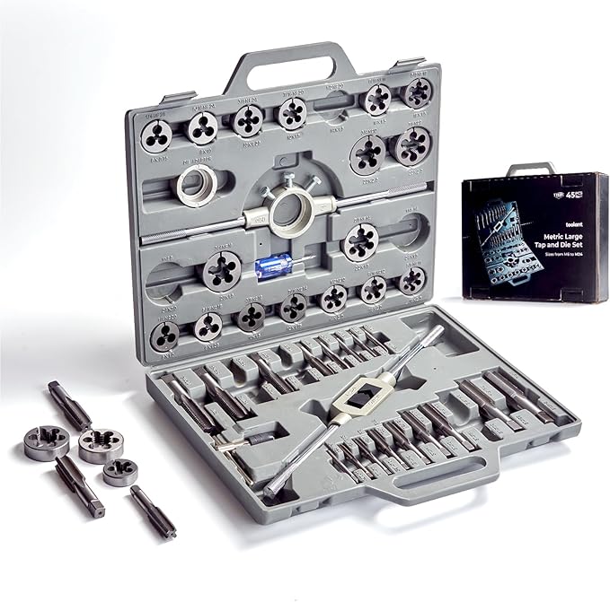 toolant 45pcs Metric Tap and Die Set, M6-M24 Large Threading Set with Round Dies for Cutting and Rethreading Internal and External Threads
