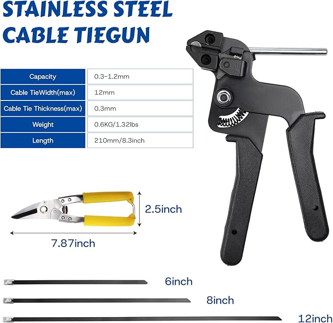 Stainless Zip Ties Heavy Duty Outdoor Metal Zip Ties Gun Set Fastening Cable Gun Tool with 300 PCS Ties for Chain Link Fence, Exhaust Pipe, Farms, Poultry Fence